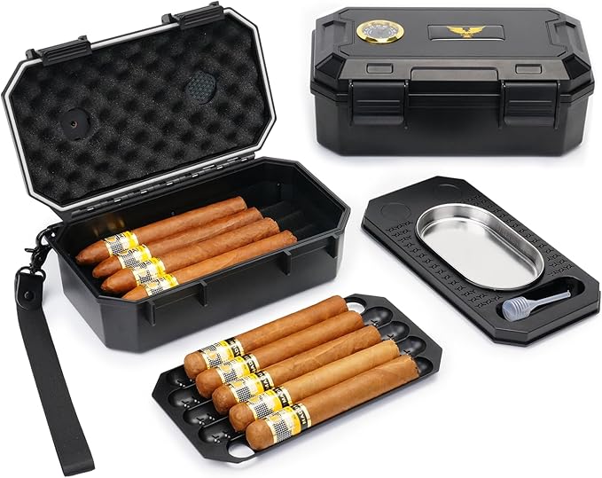 Bald Eagle Travel Cigar Case, Humidor Box with Ash Tray, Portable Case with Humidifier Hygrometer, Highly Airtight, Hold 10 Cigars