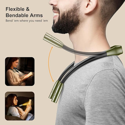 Gritin LED Neck Reading Light,Book Light for Reading in Bed-Eye Caring 3 Colors, Dimmable Brightness, Bendable Arms, 80+Hrs Runtime, Neck Round Design, Lightweight for Crafting, Knitting-Deep Green