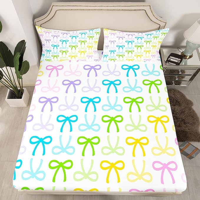 Manfei Cute Bowknot Bed Sheet Set 3 Pieces,Cartoon Princess Style Bowknot Striped Microfiber Bedding Set Without Flat,Watercolor Rainbow Gradient Bow-tie Fitted Sheet,2 Pillow Cases,Full Size