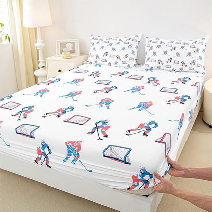 Manfei Hockey Players Bed Sheets Queen Size, Bedding Set, Winter Sports Games Boys Girls Room Decor,White Blue Sheet(Fitted+Flat+2 Pillowcases)