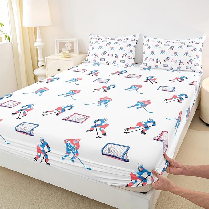 Manfei Hockey Players Bed Sheets Twin Size, Easy Wash Bedding Set,Winter Sports Games Kids Room Decor,White Blue Sheet(Fitted+Flat+1 Pillowcase)