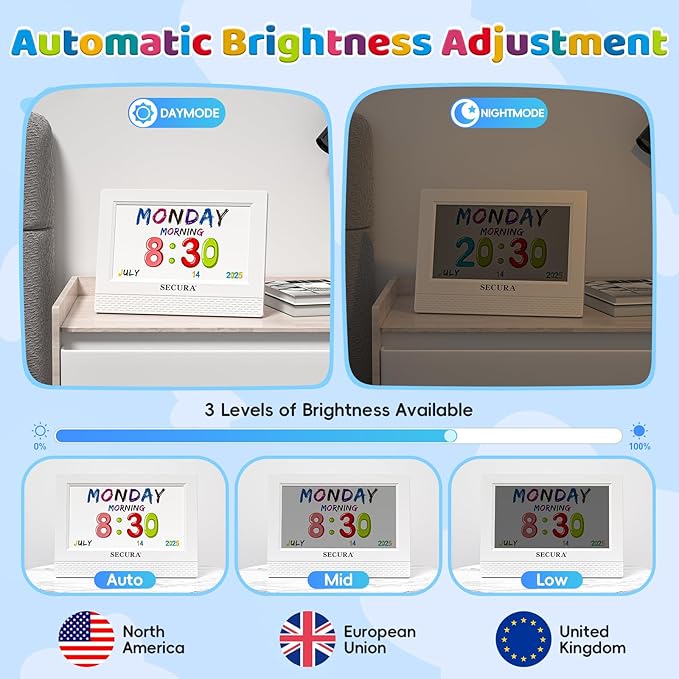 Secura TimeTact Reminder for Kids, 7" LED Talking Alarm Clock with Countdown Visual Timer, 17 Daily Reminders & 5 Custom Alarms Habit Reminder and Scheduler (White)