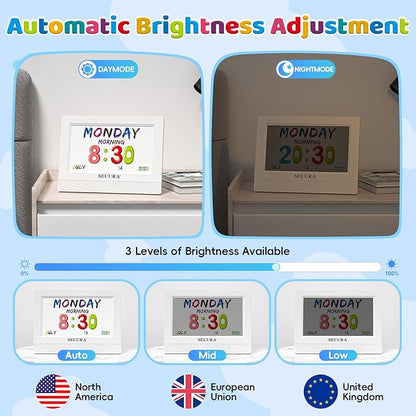 Secura TimeTact Reminder for Kids, 7" LED Talking Alarm Clock with Countdown Visual Timer, 17 Daily Reminders & 5 Custom Alarms Habit Reminder and Scheduler (White)