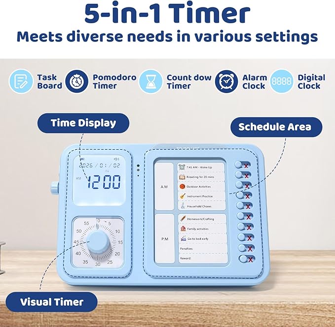 3-in-1 Visual Timer & ADHD Tool for Kids & Adults, Visual Schedule for Kids with Autism, Task Timer with Chore Chart Board, Daily Checklist for Home, School, Classroom, Desk