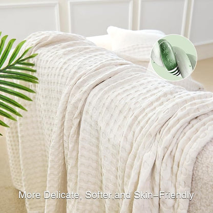 Aganear Waffle Blanket - Lightweight Breathable Summer Blanket of 50% Cotton and 50% Rayon Derived from Bamboo for Hot Sleepers Luxury Throws for Bed, Couch and Sofa,Beige,90x90 Inches