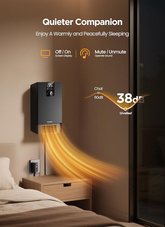 GiveBest Smart Wall Heater, 1500W Fast Heating Electric Space Heater for Indoor Use, 3 Heating Modes, Adjustable Thermostat, 24H Timer, Easy Mounted for Bedroom, Office, Home, Black