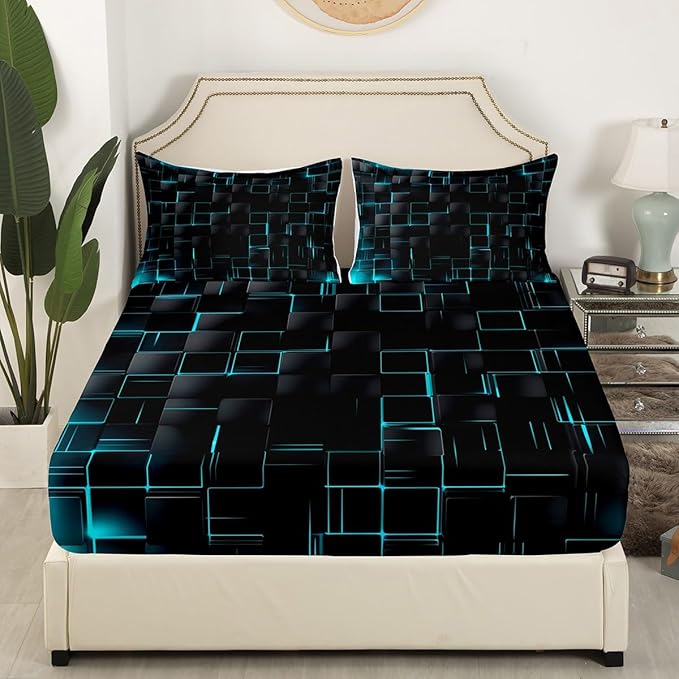 Manfei Abstract Sheet Set Full Size, Modern Geometric Square Grid Bedding Set for Kids Boys Girls Adults, Blue and Black Bed Sheet Set 4pcs with Deep Pocket Fitted Sheet + Flat Sheet + 2 Pillowcases