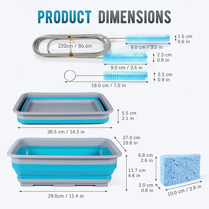 CPAP Cleaning kit Hose and Mask Brush with Collapsible Wash Basin Tub，Sponge and Storage Hag，6.9ft Extra Long Hose Brush, Compatible with 15mm and 22mm Hoses