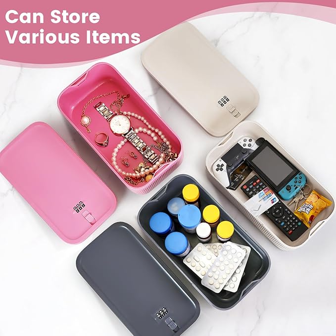 Small Lock Box,Lockable Storage Box with Combination Code for Medication Safe, Medicine Lock Box for Pills/First Aid Kits/Food/Snack Phone Jail,Locked Container for Home/Fridge/Office/School(Pink)