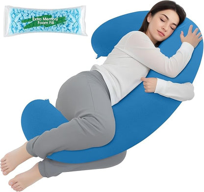 Body Pillow, Long Pillow, Memory Foam Body Pillow, C-Shaped Side Sleep Pillow, Machine Washable Pillowcase, Light Blue-53”×10”