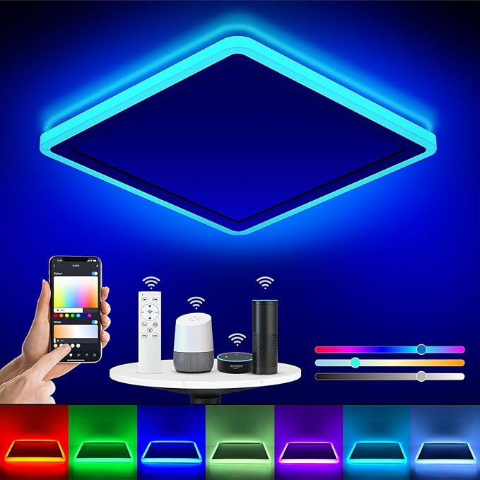 Smart LED Ceiling Light WiFi, 13in RGB Flush Mount Lighting Fixture with Remote, Compatible with Alexa Google Home, Low Profile Ceiling Light for Bedroom, Kitchen, Square White