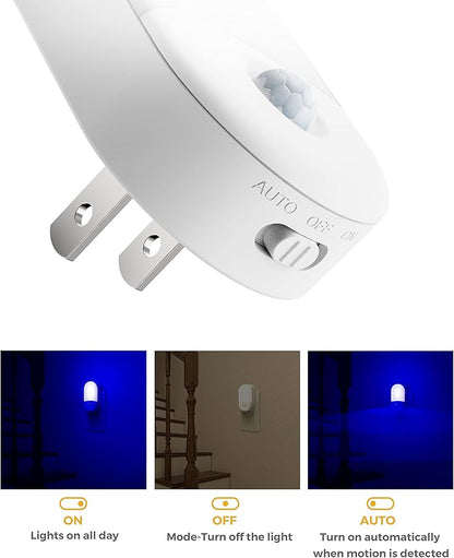 Blue Night Light Plug in, LOHAS Motion Sensor Blue LED Night Lights Plug Into Wall, Adjustable Brightness, 0.6W LED Night Lights for Kids, Bathroom, Bedroom, Independence Day Decorations, 2 Pack