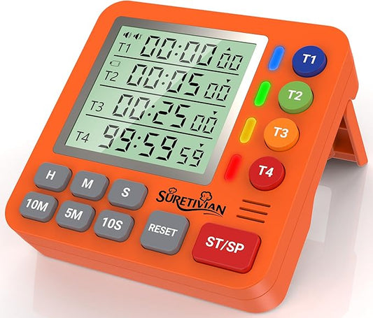 Digital Kitchen Timer for Cooking - 4 Channel Count Up Countdown Timer with Loud Alarm and Silent Mode, Large Display, Magnetic Back, Auto Memory for Classroom Study Gym, Battery Included (Orange)