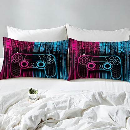 Videogames Gamepad Kids Sheet Full Size,3D Modern Gaming Controller Bedding Set,Boys Girls Room Decor,Neon Honeycomb Hexagon Geometric Pink Blue Bed Sheet Set 4pcs(Fitted + Flat + 2 Pillowcases)