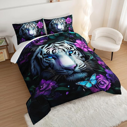 Wild Animal Themed Comforter Set Twin Size,White Leopard Floral Print Bedding Sets for Kids Teens Room Decor,Gothic Bedding All Season with 2 Pillowcases.
