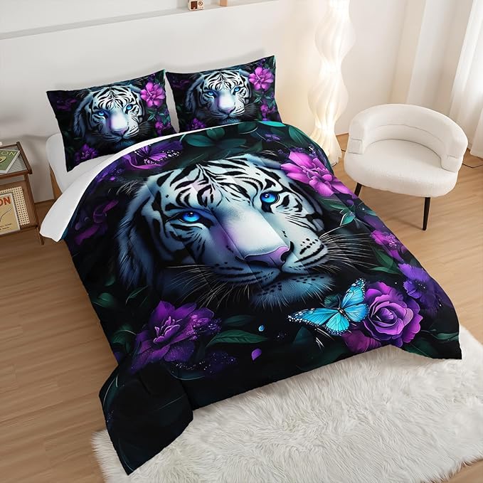 Wild Animal Themed Comforter Set King Size,White Leopard Floral Print Bedding Sets for Kids Teens Room Decor,Gothic Bedding All Season with 2 Pillowcases.