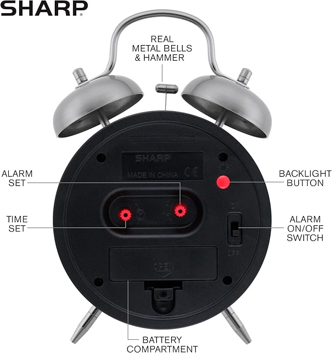 Sharp Twin Bell Alarm Clock - Loud Alarm - Great for Heavy Sleepers - Battery Operated Quartz Analog Clock (Brushed Silver)
