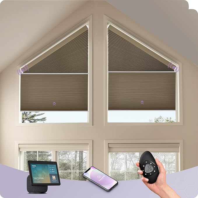 Graywind Smart Angled Blinds Compatible with Alexa Google Motorized Right Trapezoid Shades Solar Powered Customized for Odd-Shaped Window (Blackout Burlywood)