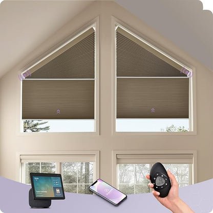 Graywind Smart Angled Blinds Compatible with Alexa Google Motorized Right Trapezoid Shades Solar Powered Customized for Odd-Shaped Window (Blackout Burlywood)