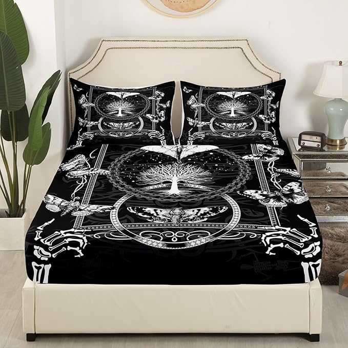 Manfei Gothic Moth Kids Sheet Set Full Size, Human Skeleton Skull Bed Sheet Set 4pcs (Fitted Sheet, Flat Sheet, 2 Pillowcases), Death Moth Butterfly Bedding Set for Boys Teens Bedroom Decor