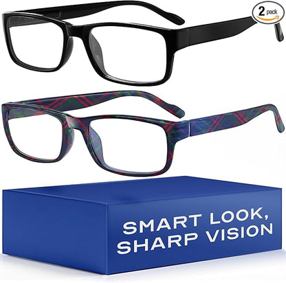 Gaoye 2-Pack of Reading Glasses - Blue-Light Filter, UV Protection - Readers with Rectangle Frames