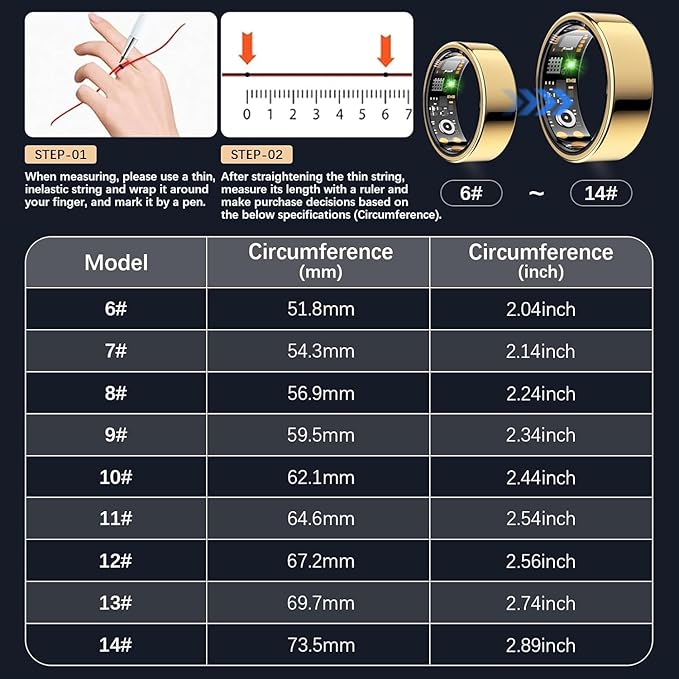 Ring Health Tracker for Women Men, Fit Ring with Heart Rate, Blood Oxygen, Sleep Monitor, Calories, Step Counter, IP68 Waterproof Smart Ring for iPhone & Android, No Subscription Fee (Gold, 14#)