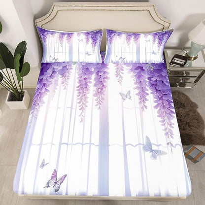 Sunflower Kids Queen Size Fitted Sheet,Butterfly Flower Rustic Room Decor,Floral Farmhouse Mysterious Boys Girls Bed Sheets,Green Yellow Bedding Set,2 Pillowcases(No Flat)