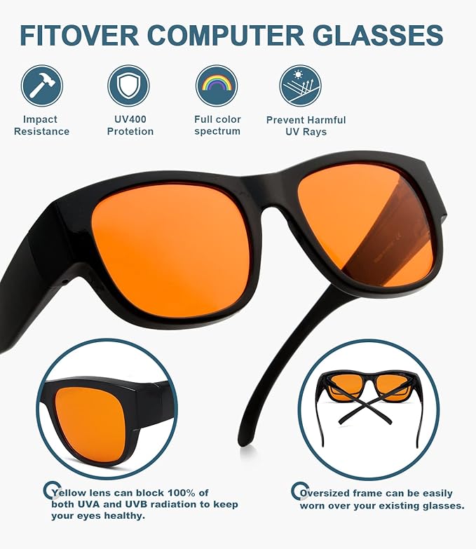 BLUELESS Fits Over Computer Eyeglasses with Orange Tinted Sleep Glasses, Black