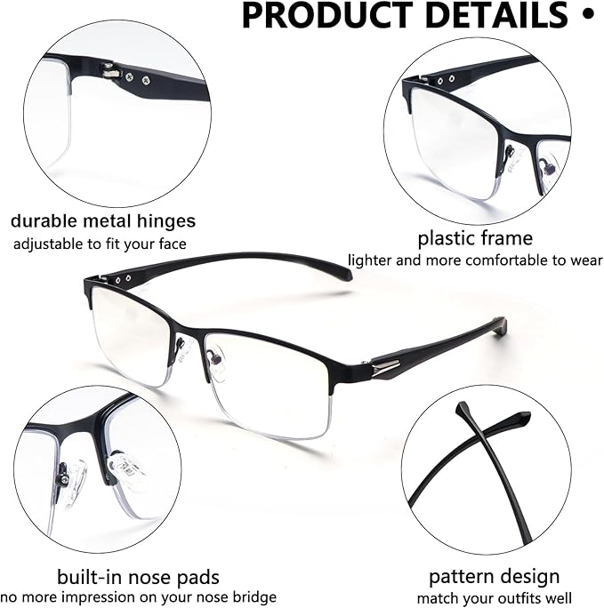 CLASAGA Progressive Multifocus Reading Glasses for Men,Lightweight Metal Half Frame Blue Light Blocking Computer Readers