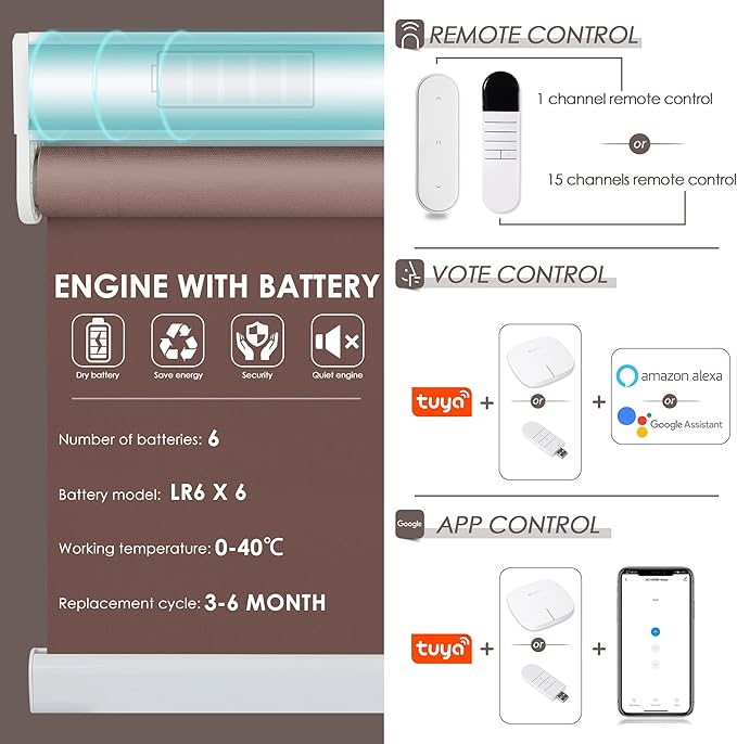 Allesin Motorized Roller Shade Blinds Work with Alexa for Window, 100% Blackout Smart Shades Cordless with Remote Control, Electric Automated Blinds for Window, Customized Size for Smart Home (Brown)
