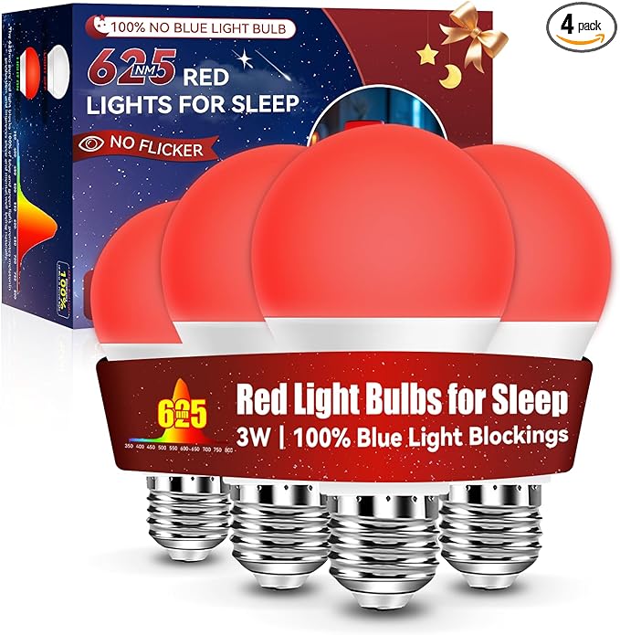 Neporal 625nm Red Light Bulbs for Sleep 3W, 100% Blue Light Blocking Light Bulbs for Melatonin Promoting, A19 LED 40W Equivalent Dim Red Night Light Bulb for Baby Nursery, Sleeping, Reading, 4-Pack