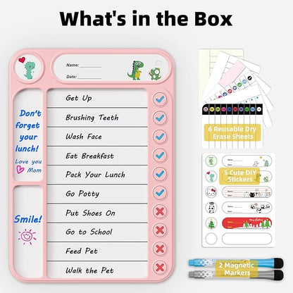 Magnetic Chore Chart for Kids, ADHD Task Tracker Easy-Check Routine Dry Erase Board, to-Do List Planning Tool with Stand for Fridge/Desk/Home/School, 6 Reusable Sheets, 2 Markers