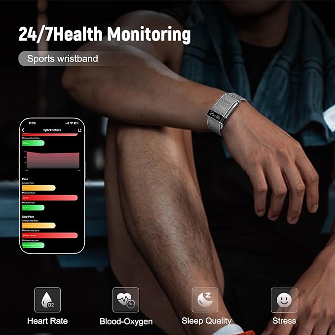 Fitness Trackers Smart Wristband With Hidden Screen(Wrist-Raise Screen Activation)Activity & Sleep Tracker with Heart Rate/HRV/Blood Oxygen, Vibration Alerts, Free APP (Silver, Universal Size)