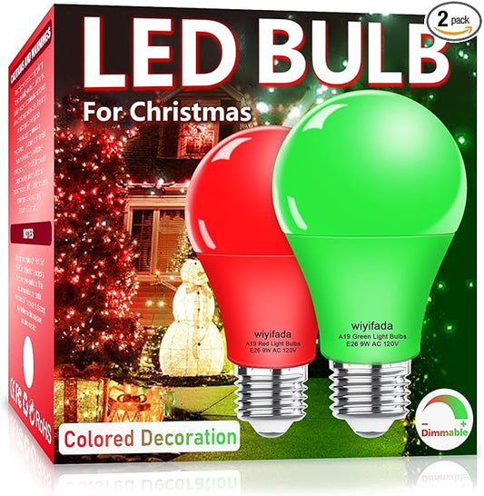 2 Pack A19 LED Red Green Light Bulbs,9W Christmas Light Bulbs Replace to 100W, 120V E26 Dimmable Colored Light Bulb for Halloween， Home Lighting, Party Decoration, Holiday Lighting