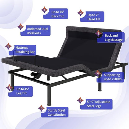 MUUEGM Full Adjustable Bed Frame with Thickened Frame, Head and Foot Lift, Head-Pillow-Tilt, Adjustable Beds with Smart APP Control, Massage, Zero Gravity, Anti-Snore, Wireless Remote,USB Ports