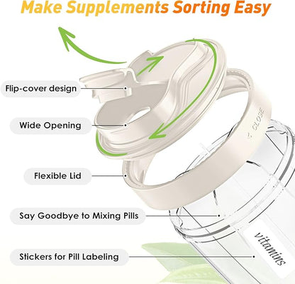 Large Pill Dispenser to Store 7 Various Supplements - Pill Organizer & Supplement Organizer for Travel, Anti-Mixing Design, with Strap & 20 Sticky Labels （Off-White）