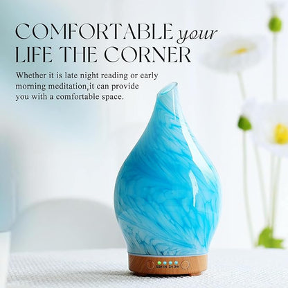 Porseme 150ml Essential Oil Diffuser Glass Color Changing Aroma Air Diffusers Aromatherapy Ultrasonic Cool Mist Humidifier 6 Running Hours Waterless Auto-Off for Sleeping Yoga Office Spa (Blue Wave)