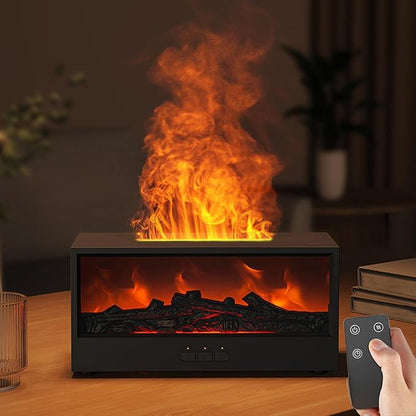 Fireplace Flame Diffuser, 150ml Desktop Intelligent Ultrasonic Essential Oil Diffuser, 7-Color Flame Simulation Firewood Diffuser, Remote Control, Timer & Auto-Off for Home, Room (Black)
