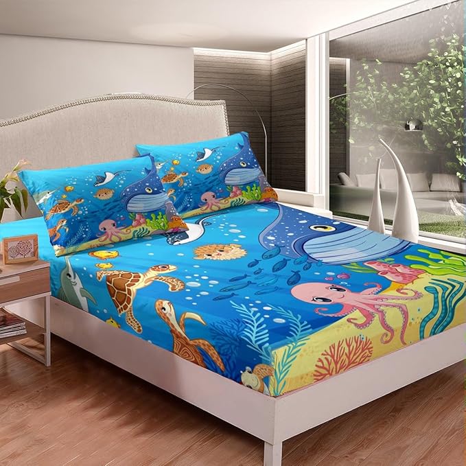 Marine Animals Sheet Queen,Shark Octopus Turtle Coral Bedding Set for Kids Teens Adults,Underwater World Cartoon Sea Blue Bed Sheet 4pcs(Deep Pocket Fitted Sheet + Flat Sheet + 2 Pillowcases)