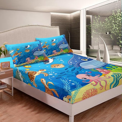 Marine Animals Sheet Queen,Shark Octopus Turtle Coral Bedding Set for Kids Teens Adults,Underwater World Cartoon Sea Blue Bed Sheet 4pcs(Deep Pocket Fitted Sheet + Flat Sheet + 2 Pillowcases)