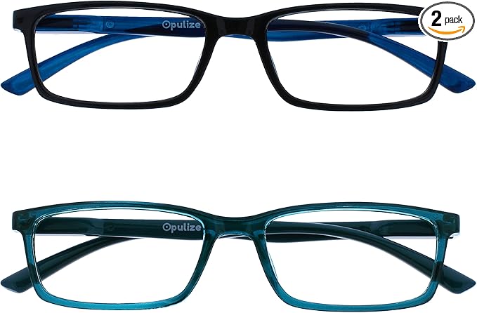 OPULIZE SEE Reading Glasses with Blue Light Blocking for Women and Men, Narrow Frame, Spring Hinges, Computer Gaming Glasses, Black,Turquoise +1 (Pack of 2)