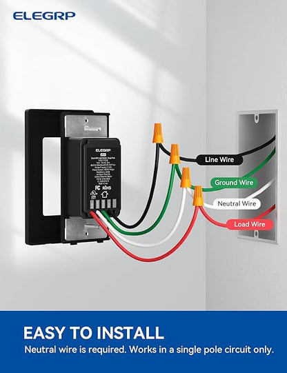ELEGRP Smart Light Switch, 2.4GHz Wi-Fi Light Switch Compatible with Alexa & Google Assistant, Neutral Wire Required, APP Control and Timer Schedule, UL Certified,Single Pole, Black, 6 Pack