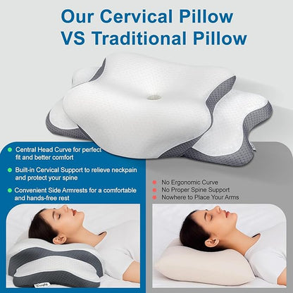 Sleep Apnea Pillow with Neck Pain & Snoring Relief -Orthopedic Cervical Pillow, Ergonomic Contour Memory Foam for Side, Back,Stomach Sleepers, Medium Firm (Light White, Queen Size 25" Lx15 Wx5.8 H)