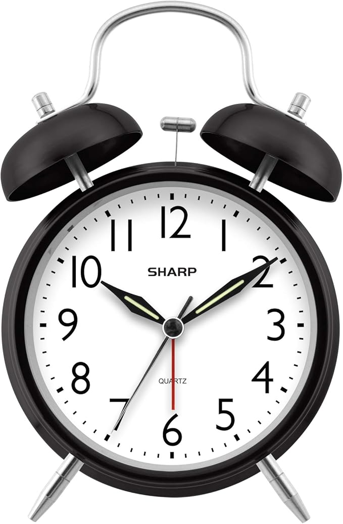 Sharp Twin Bell Alarm Clock - Loud Alarm - Great for Heavy Sleepers - Battery Operated Quartz Analog Clock (Midnight Black)