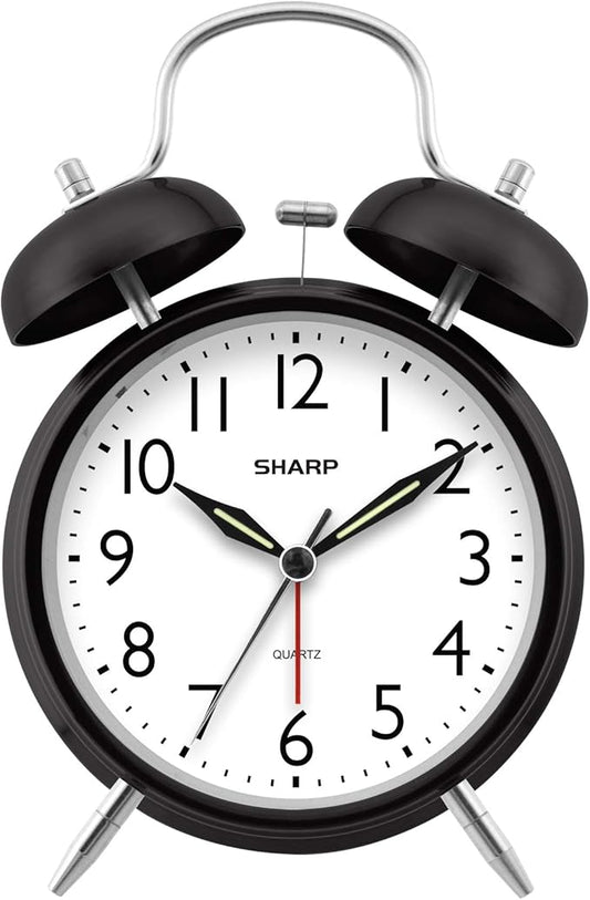 Sharp Twin Bell Alarm Clock - Loud Alarm - Great for Heavy Sleepers - Battery Operated Quartz Analog Clock (Midnight Black)