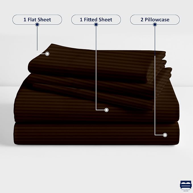 Cot Sheet and Pillow Case 4 Piece Set - 1 cot Fitted Sheet 33" x 75", 1 cot Flat Sheet 64"x 94", 2 Pillow Cases 20"x 30" Perfect for Folding Guest Bed Frame,Rollaway Beds (Chocolate Stripe)