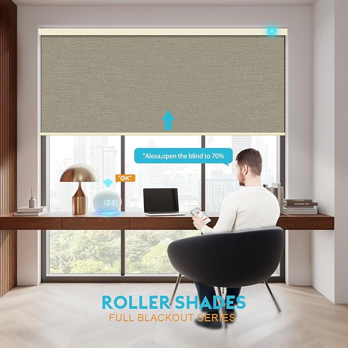 Motorized Blinds with Remote, 100% Blackout Smart Blind Roller Shades Compatible with Alexa Homekit, Automatic Electric Shades for Windows Customized Size（Elegant-Khaki）