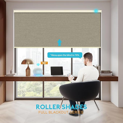 Motorized Blinds with Remote, 100% Blackout Smart Blind Roller Shades Compatible with Alexa Homekit, Automatic Electric Shades for Windows Customized Size（Elegant-Khaki）
