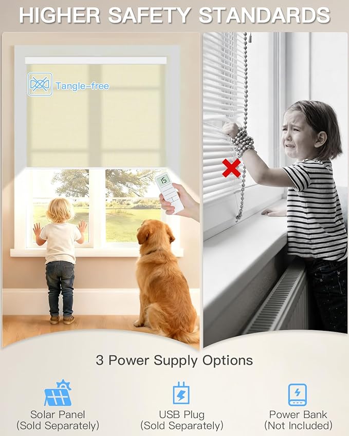 Motorized Light Filtering Roller Shades with Remote Control, Smart Blinds for Windows Compatible with Alexa Google via Hub, Rechargeable Electric Window Shade Customized Size (Beige)