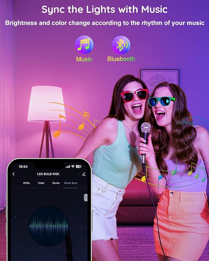 2-Pack 9W E27 Smart Light Bulb, 2.4G WiFi Bluetooth 800LM RGBWW Color Changing LED Bulb, 16M Colors Music Sync Voice Control Works with Alexa Google Home for Bedroom Christmas Parties Decor